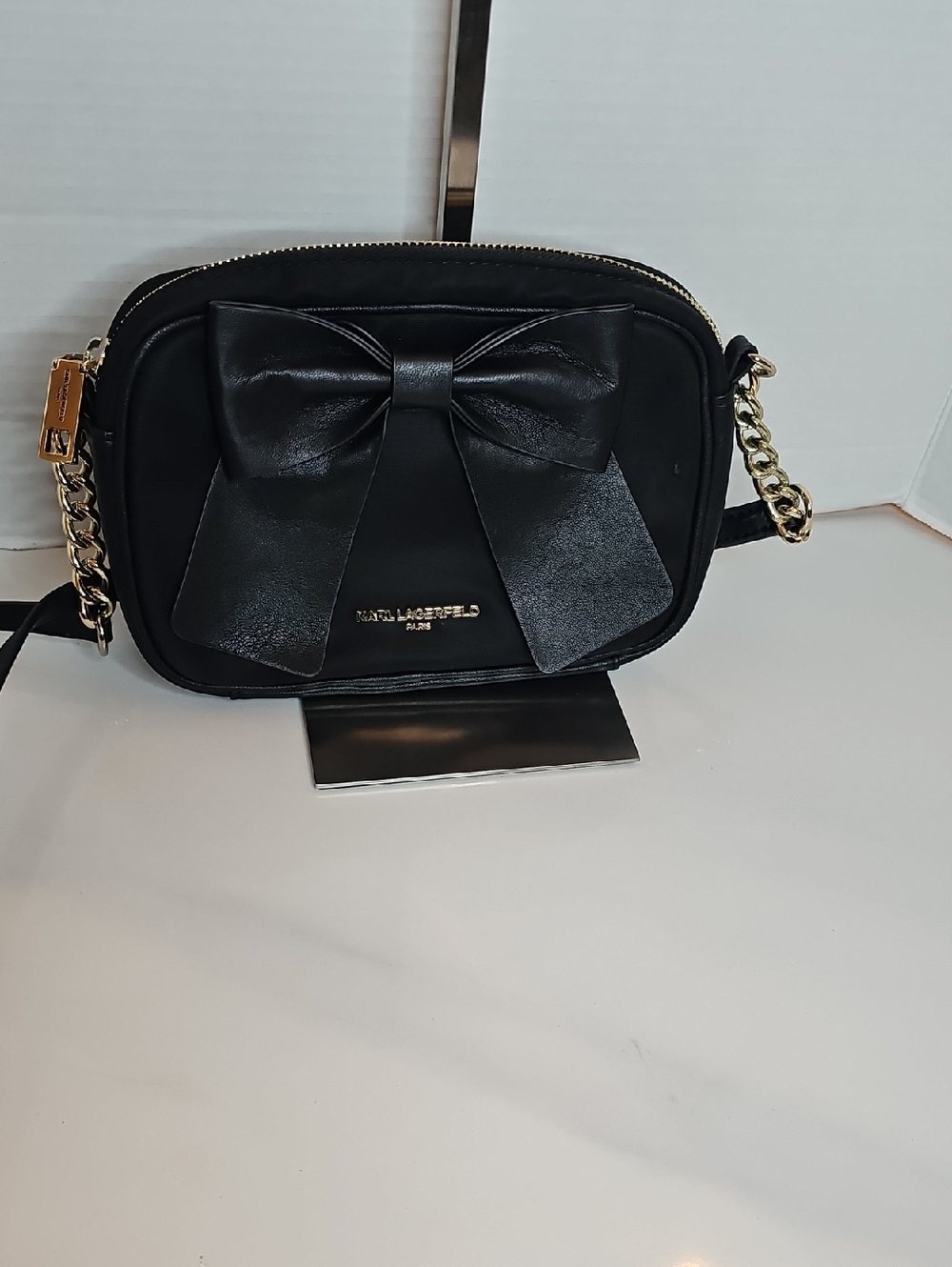 Karl Lagerfeld Black Bow Crossbody with Gold Chain